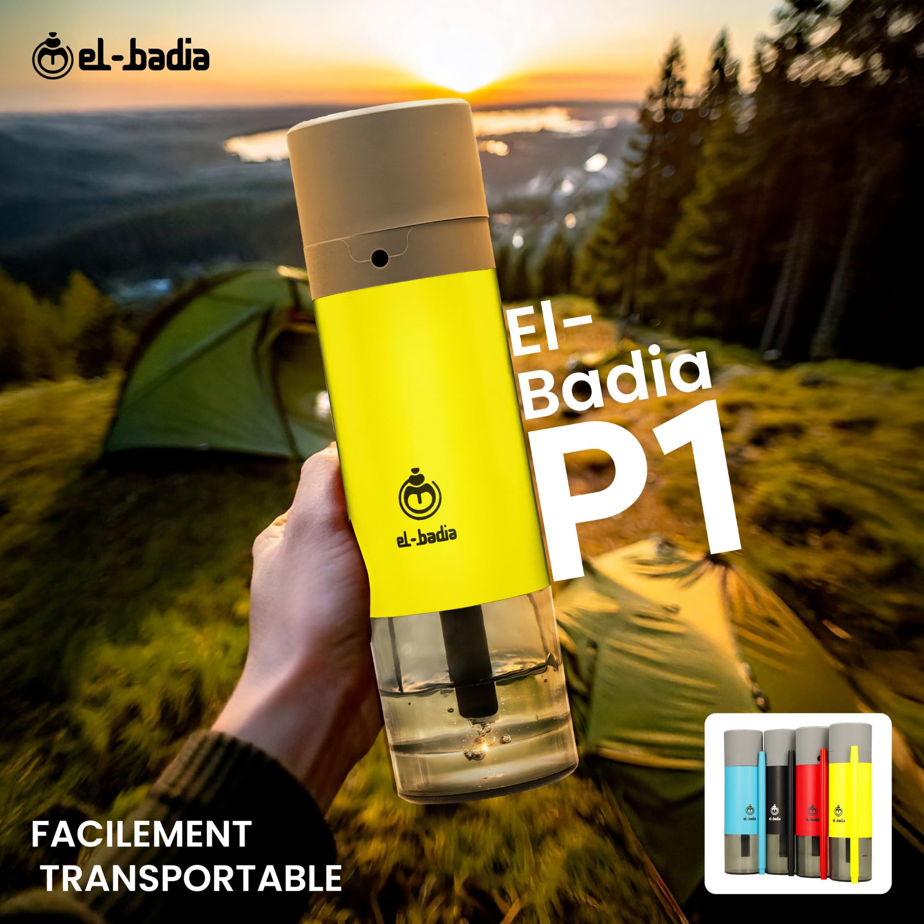 EL-BADIA P1 Shisha – 24 cm – Mini Portable Shisha with Patented Hose Reel, Reversible Ceramic Bowl, Silicone Hose & Acrylic Vase – Ultra-Compact, Lightweight and Performance (Pacific Blue)