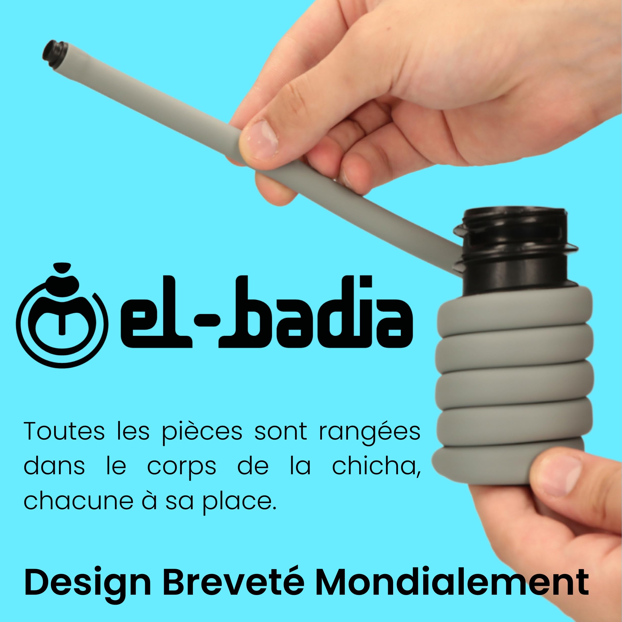 EL-BADIA P1 Shisha – 24 cm – Mini Portable Shisha with Patented Hose Reel, Reversible Ceramic Bowl, Silicone Hose & Acrylic Vase – Ultra-Compact, Lightweight and Performance (Pacific Blue)