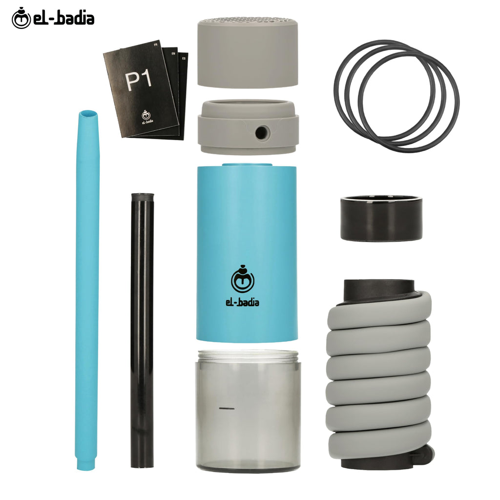 EL-BADIA P1 Shisha – 24 cm – Mini Portable Shisha with Patented Hose Reel, Reversible Ceramic Bowl, Silicone Hose & Acrylic Vase – Ultra-Compact, Lightweight and Performance (Pacific Blue)