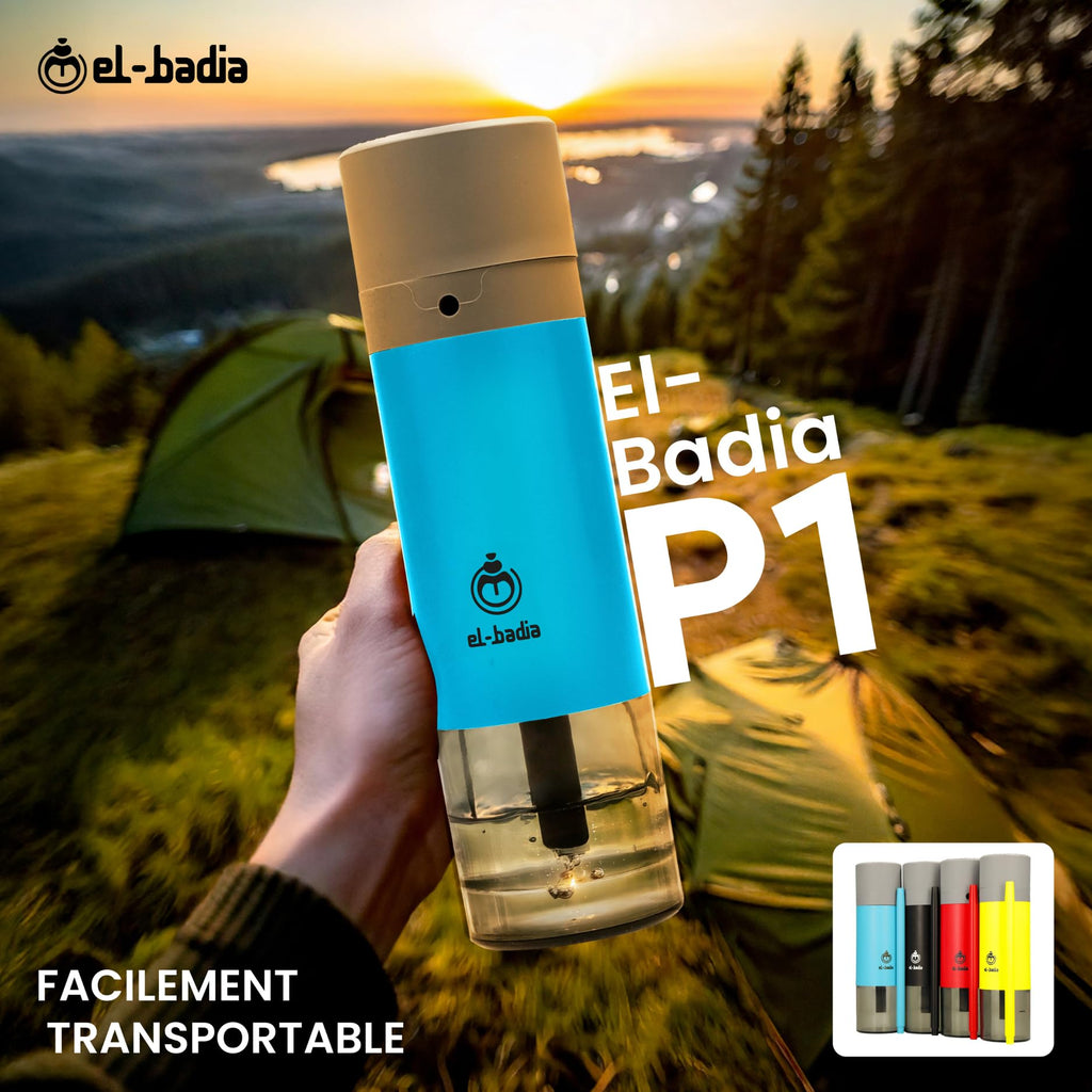 EL-BADIA P1 Shisha – 24 cm – Mini Portable Shisha with Patented Hose Reel, Reversible Ceramic Bowl, Silicone Hose & Acrylic Vase – Ultra-Compact, Lightweight and Performance (Pacific Blue)