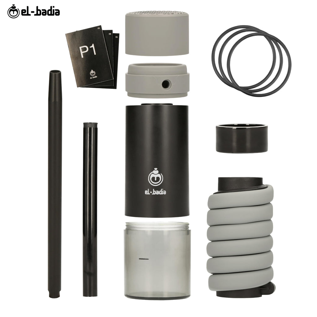 EL-BADIA P1 Shisha – 24 cm – Mini Portable Shisha with Patented Hose Reel, Reversible Ceramic Bowl, Silicone Hose & Acrylic Vase – Ultra-Compact, Lightweight and Performance (Pacific Blue)
