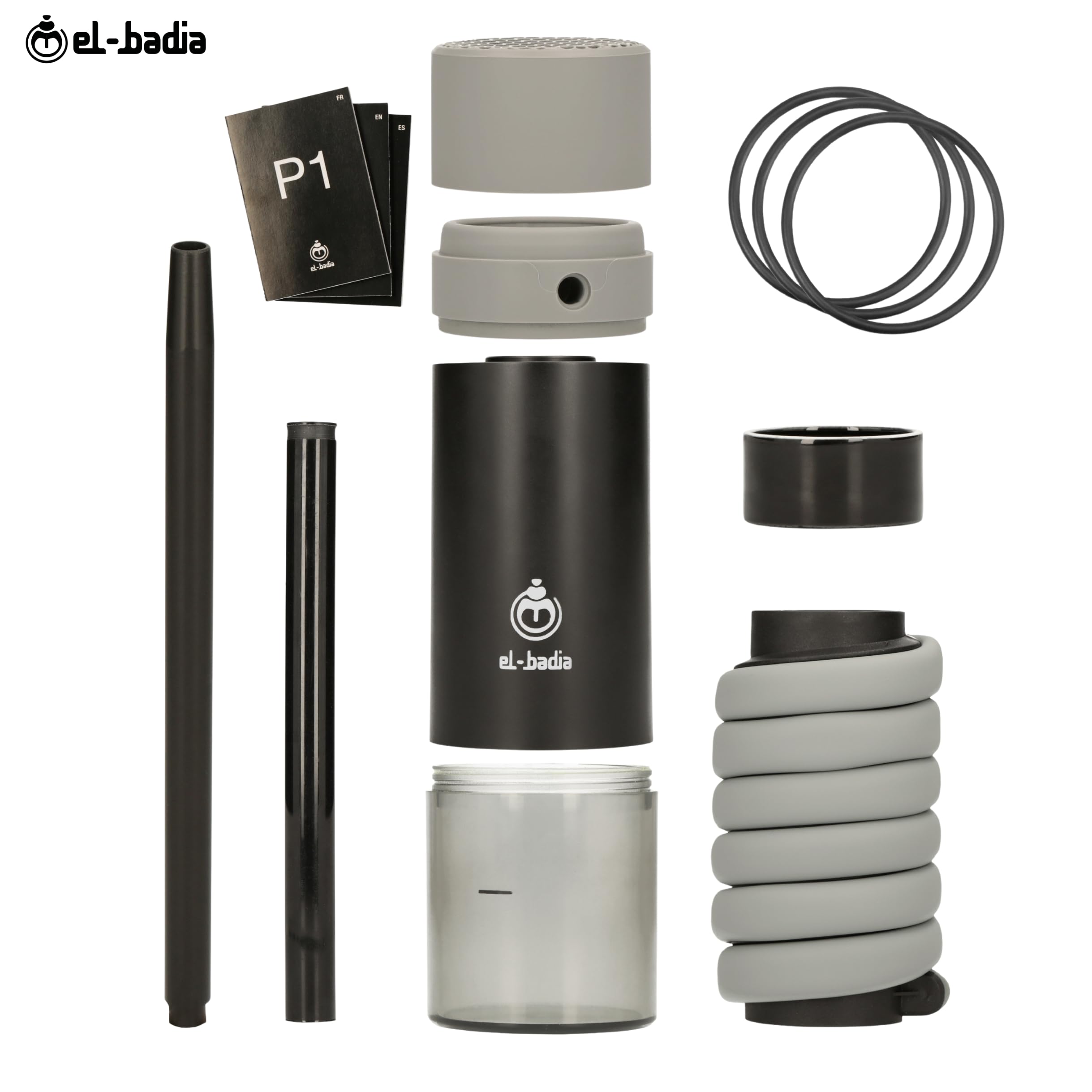 EL-BADIA P1 Shisha – 24 cm – Mini Portable Shisha with Patented Hose Reel, Reversible Ceramic Bowl, Silicone Hose & Acrylic Vase – Ultra-Compact, Lightweight and Performance (Pacific Blue)