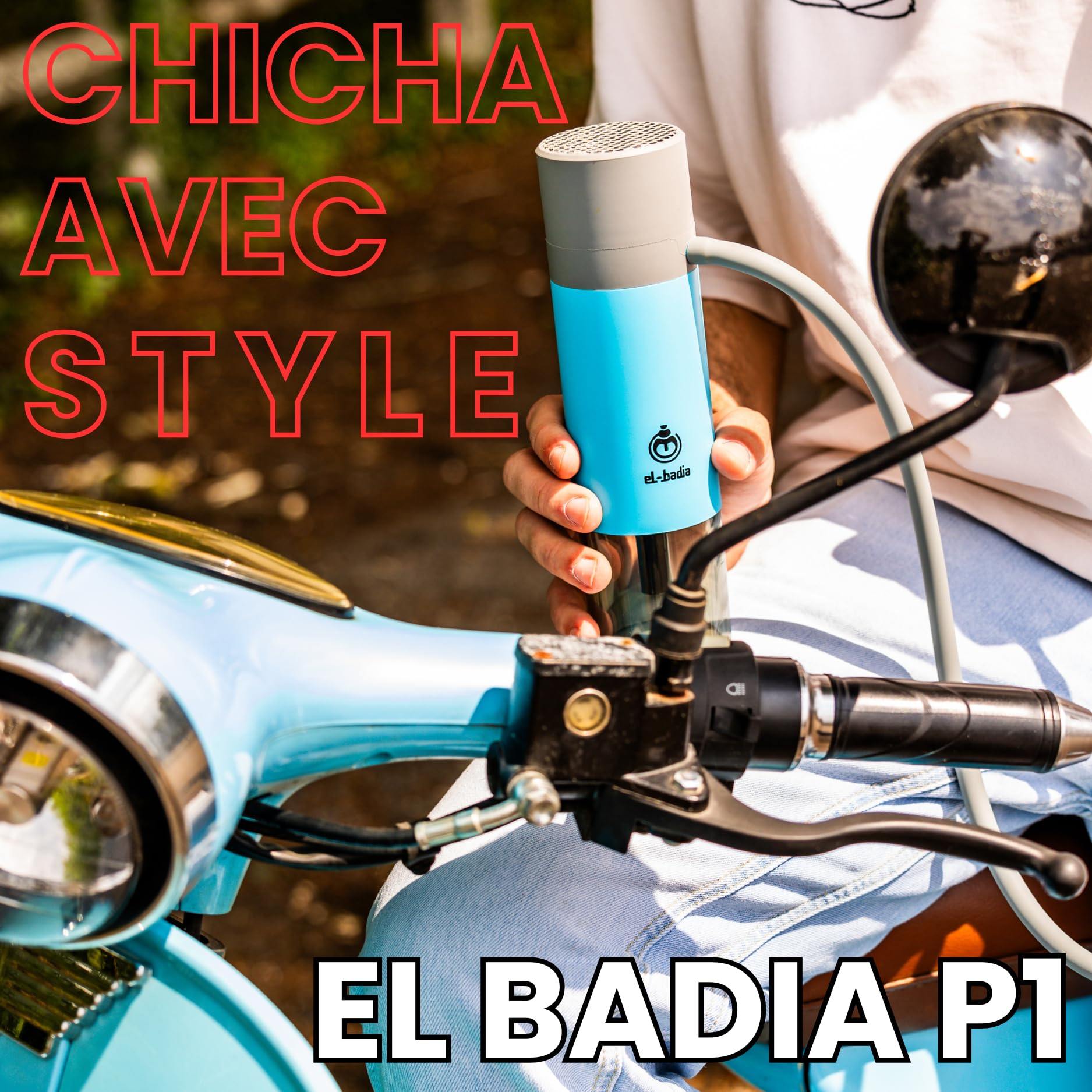 EL-BADIA P1 Shisha – 24 cm – Mini Portable Shisha with Patented Hose Reel, Reversible Ceramic Bowl, Silicone Hose & Acrylic Vase – Ultra-Compact, Lightweight and Performance (Pacific Blue)