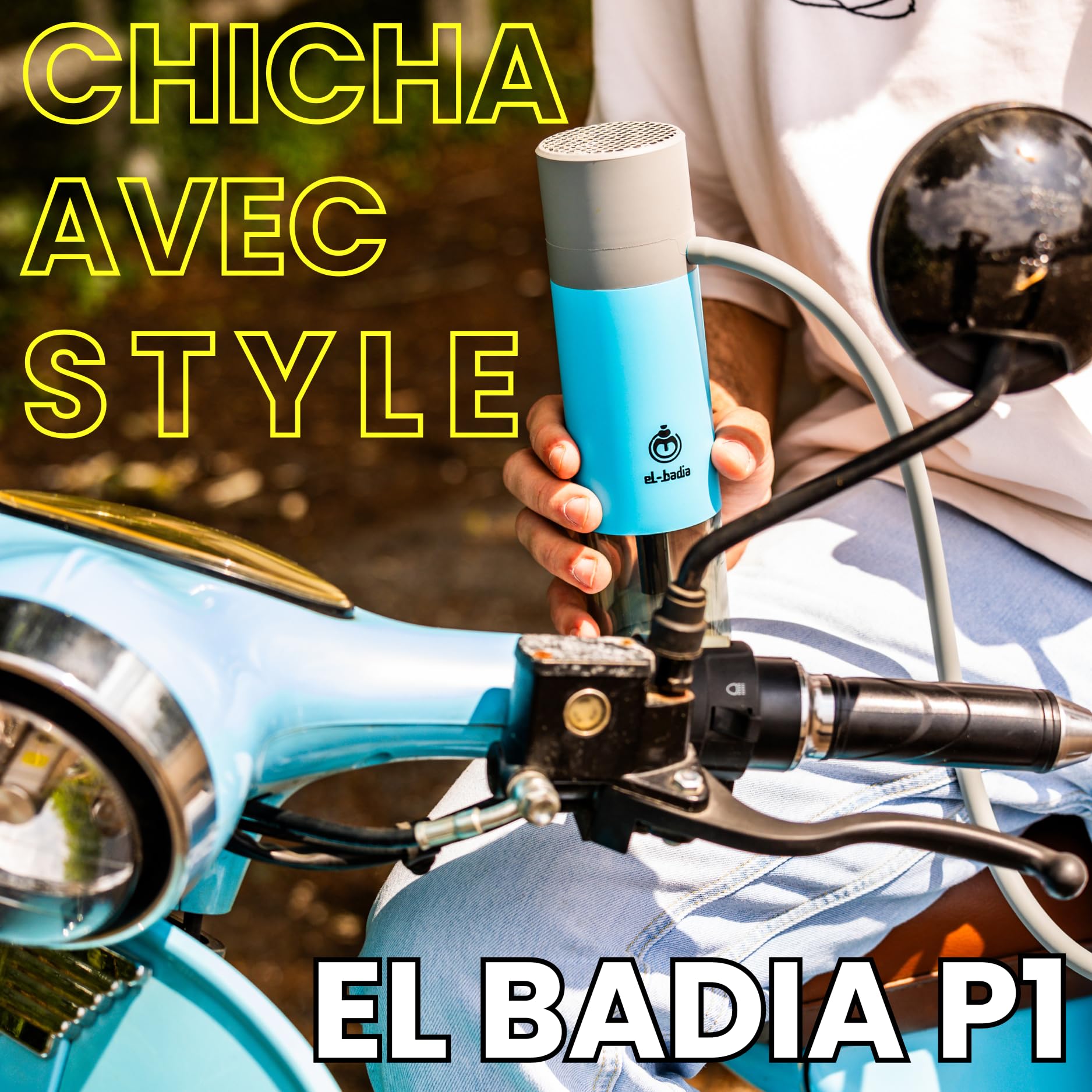 EL-BADIA P1 Shisha – 24 cm – Mini Portable Shisha with Patented Hose Reel, Reversible Ceramic Bowl, Silicone Hose & Acrylic Vase – Ultra-Compact, Lightweight and Performance (Pacific Blue)