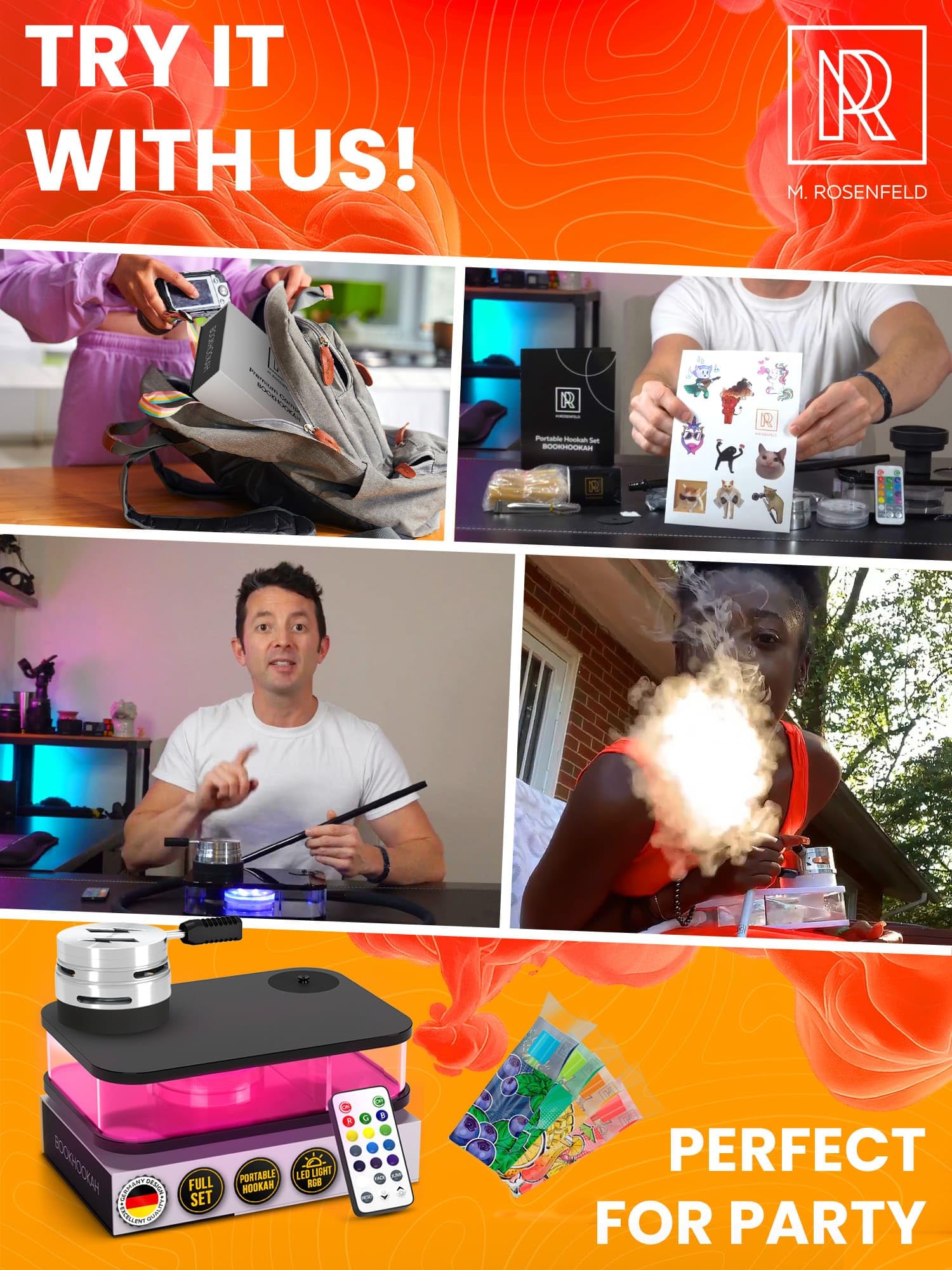 M. ROSENFELD Portable Hookah Set with Case - High Quality Small White Hookah for Travel, Flat Box with Stand and Charcoal Cover