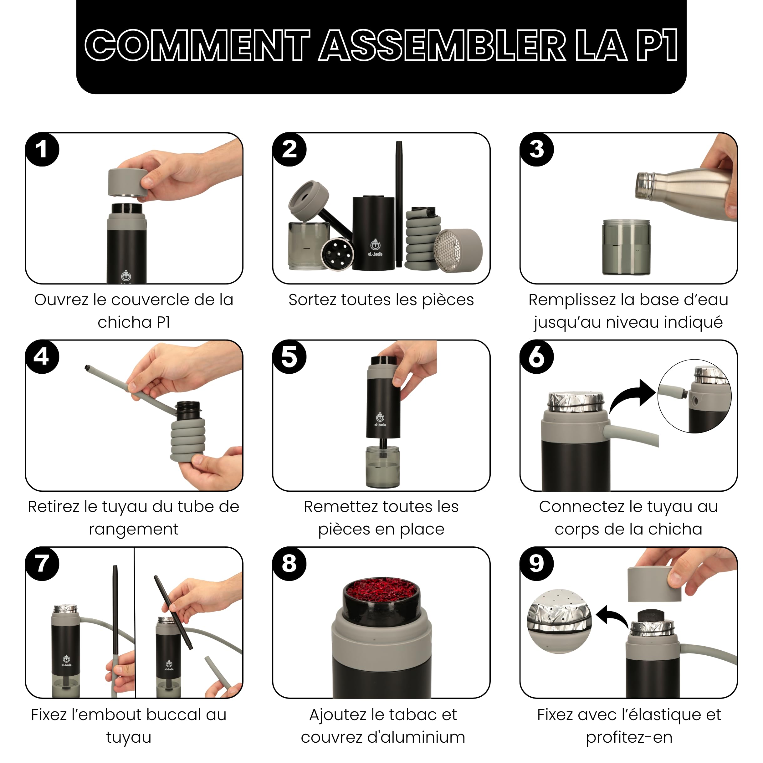 EL-BADIA P1 Shisha – 24 cm – Mini Portable Shisha with Patented Hose Reel, Reversible Ceramic Bowl, Silicone Hose & Acrylic Vase – Ultra-Compact, Lightweight and Performance (Pacific Blue)