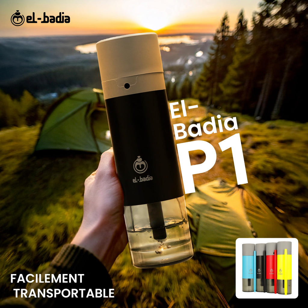 EL-BADIA P1 Shisha – 24 cm – Mini Portable Shisha with Patented Hose Reel, Reversible Ceramic Bowl, Silicone Hose & Acrylic Vase – Ultra-Compact, Lightweight and Performance (Pacific Blue)